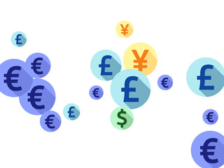 Euro dollar pound yen round signs flying currency vector illustration. Deposit backdrop. Currency 