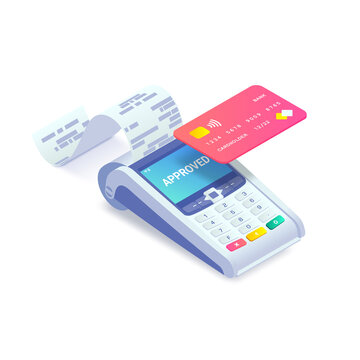 Contactless Payment Via Credit Card Isometric Concept. 3d Payment Machine Printing Check, Plastic Debit Card Isolated On White. Success Cashless Transaction NFC Payment Approved. Vector Illustration.