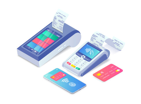 Cashless Payment machine isometric concept. 3d Contactless payment via smartphone, credit card, smart terminal with online cash desk. Success Mobile transaction NFC payments. Vector illustration.