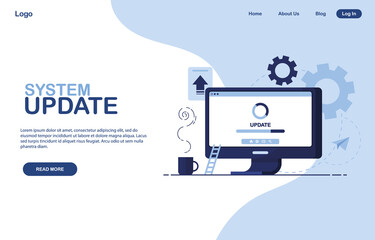 Template system update concept. The process of upgrading to system update, replacing newer versions and installing programs. Computer, pc. For web landing page, banner. Button Read More. Blue. Eps 10