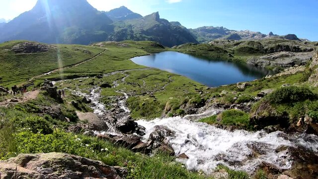 waterfall of Ayous lake in Ossau valley in the french Pyrenees
