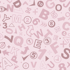 Numbers, letters, arrows in pink. Background in a school theme. Back to school. Seamless vector pattern.