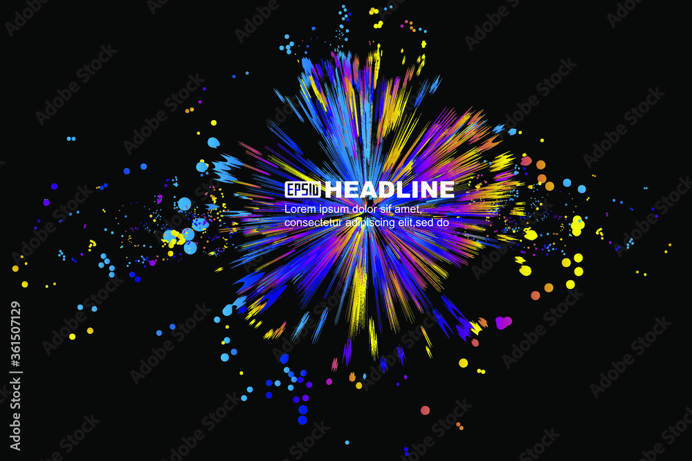 Poster abstract graphic texture background with colorful particles and rays.