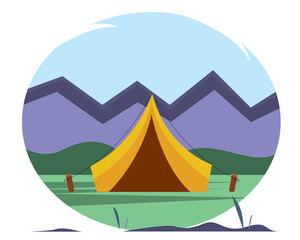 Vector landscape of nature with a tent. Vector illustration in flat style.