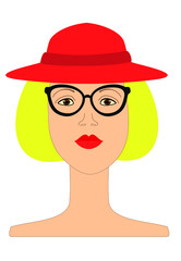 Young girl in  glasses and a red hat on an isolated white background. Red lips. Avatar

