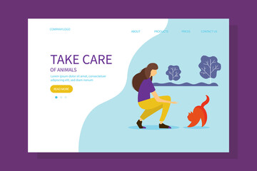 Woman playing with a cat. The concept care of animals, protection of animals. Cute vector illustration in flat style. 