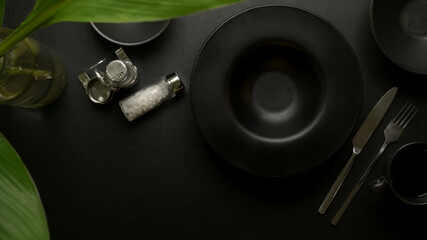 Dark luxury dinning table setting with black ceramic plate, silverware, seasoning bottles, copy space and plant vase