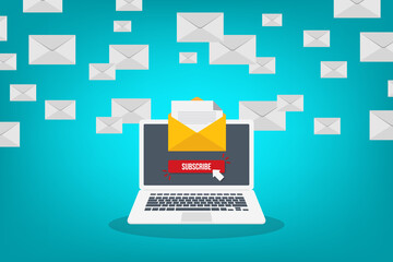 Email message on screen in laptop. Message reminder concept. Newsletter on computer. Flat style vector