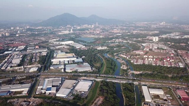 Aerial view car moving  from Juru towards Prai Industrial area.
