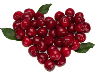 Sweet ripe cherry in the shape of a heart on a white background
