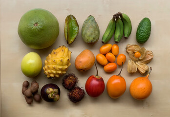 A wide variety of fresh exotic fruit on a table
