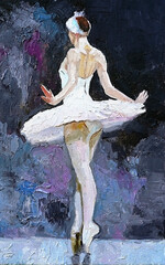 White swan, young ballerina in a lush ballet tutu dancing during the performance, the background is dark. Oil painting on canvas.                              © Mariia