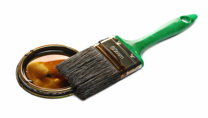 Brush and bucket, can lid with protective wood layer coating liquid isolated on white background