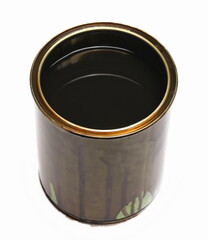 Can, bucket with protective wood layer coating liquid isolated on white background