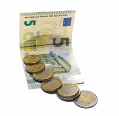 Five euro banknote, bill with change, cash paper money and coins isolated on white background