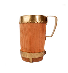 Wooden mug for beer or water in old rustic style isolated on white background