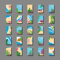 Summer backgrounds top view detailed style frames set vector design