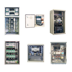 group of electrical cabinets of various designs and purposes isolated on a white background