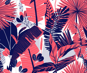 Modèle sans couture, plante tropicale dessinée à la main, feuilles, tons roses et bleus sur fond blanc