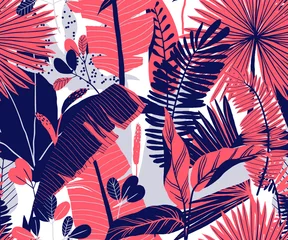 Foto op Plexiglas anti-reflex Naadloze patroon, met de hand getekend tropische plant, blad, roze en blauwe tinten op witte achtergrond © momosama