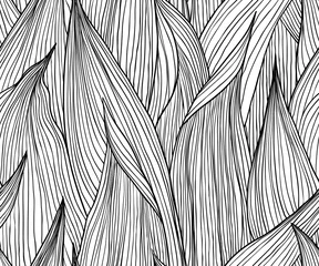 Poster Seamless pattern, hand drawn outline black ink long shape leaves on white background © momosama