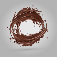 Liquid chocolate splashes circle on a gray background