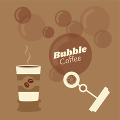 Cafe to go or coffee shop logo idee. cardboard cup Vector illustration flat design cartoon creative. blower soap bubble wand concept like lid & cover art. brown aroma background art. energy in the air