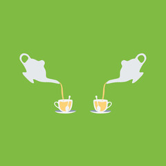 beautiful copy two set tea service vector flat design. teapot & cup of tea cartoon isolated with a spoon on a Saucer. pouring herbal tea to the glass