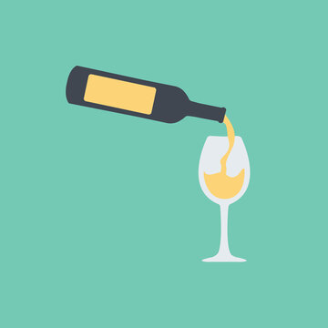 Modern Vector Icon Wine Bottle Symbol & White Wine Pouring In The Glass For Celebration & Event. One Glass Wine Button For Web & App Cartoon Isolated Flat Design Style.