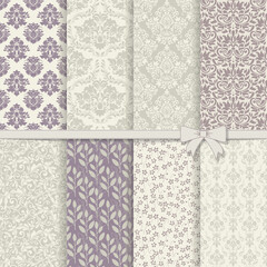 Classic collection of seamless patterns: damask, abstract in pastel violet and grey. Set of seamless damask patterns.