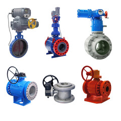 a group of modern shut-off valves of various designs for a gas pipeline isolated on white background
