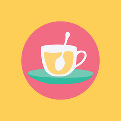 one single simple cup of tea flat design style modern isolated vector on clean saucer or plate icon or symbol. english cartoon lemon tea in england with spoon in a rounded circle button for web & app
