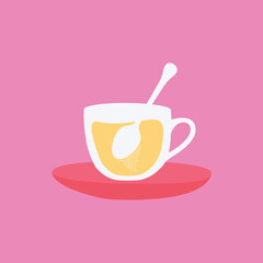 cup of tea flat design style with tea bag isolated vector on a saucer or plate with lemon tee illustration. english tea in england with spoon & sugar. sugary simple modern clean tea