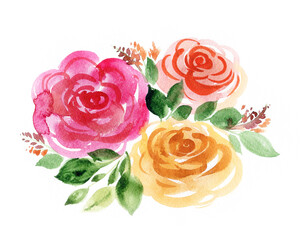 Watercolor bouquet of red, yellow and pink roses.