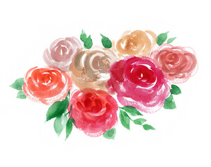Hand-drawn floral composition for celebration cards. Watercolor bouquet of red, yellow, and pink roses. - 361515906
