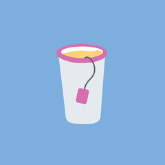 simple clean modern lemon tea in cardboard cup vector icon with tea bag cartoon isolated. Opened take out or take away flat design style.