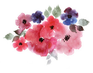 Spring branch of watercolor pink hibiscus flowers for greeting postcards. - 361515972