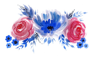 Blue flowers and red roses bouquet. Hand-drawn floral composition for celebration cards. - 361516105
