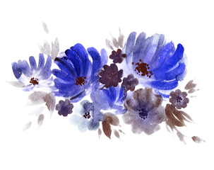 Flowers watercolor illustration for celebrations. Composition in blue colors. An elegant card for funeral rites  - 361516186