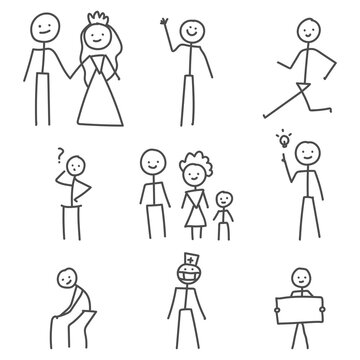 Stick figures characters vector cartoon set isolated on a white background.