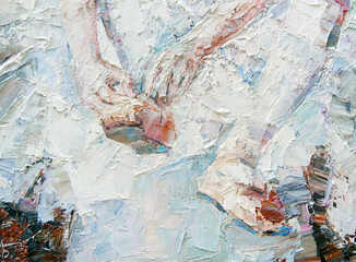 Little ballerina in a white tutu tying pointe shoes on her legs. Palette knife technique of oil painting and brush.