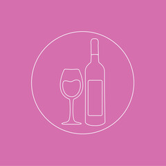 simple purple background flat design style & white outline or Fine line button for web with clean modern isolated cartoon sweet bottle of wine & glass in a rounded circle. 