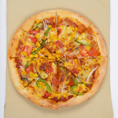 Portrait of delicious vegetarian pizza against cardboard box