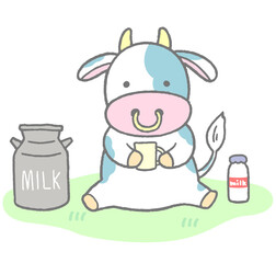 かわいい手描きの牛　牛乳　ミルク