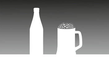 White bottle and glass with beer, on a black-white background.