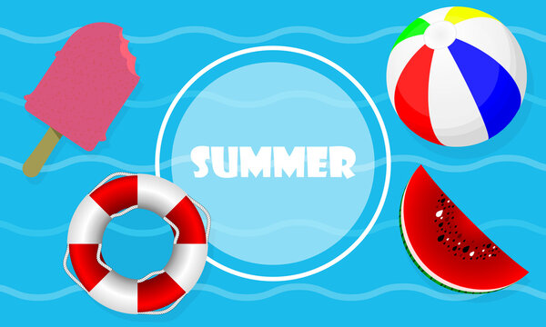 Summer pool background with accessories, vector art illustration.