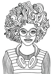 Girl with headphones coloring book. Drawing of an animal. Hand-drawn coloring book for children and adults. Beautiful drawings with patterns and small details. Vector.