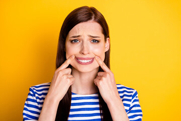 Portrait of frustrated disappointed melancholic woman touch fingers lips mouth hide grief make fake...