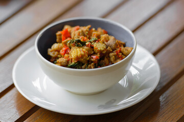 Portrait of pork and corn as traditional Thai dish