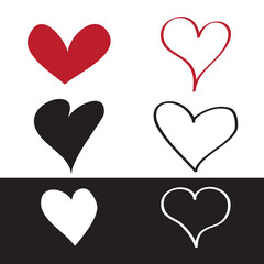 Heart icons set isolated on white background. Modern collection of different red, black and white hearts for sticker, label, tattoo art, love logo and Valentine's day. Vector illustration